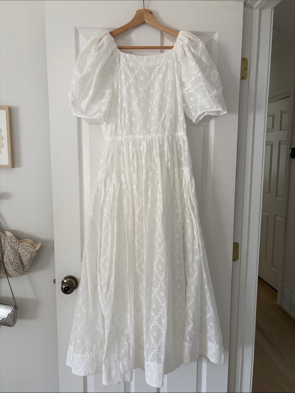 Loeffler Randall White Puff-Sleeve Embroidered Midi Dress